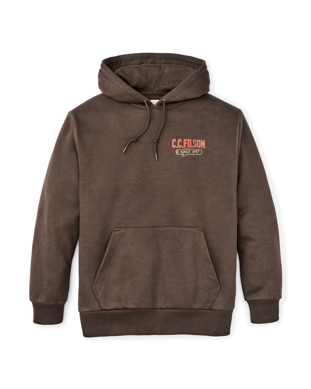 Front-facing image of the Filson Prospector Graphic Hoodie - Dark Brown / Logging