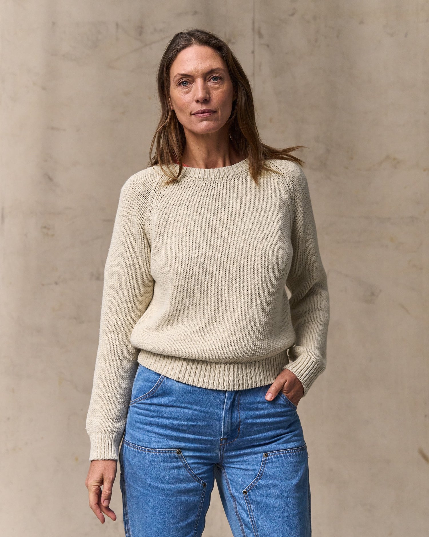 image of a model wearing Filson's Women's Cotton Crewneck Sweater - Natural|Model is 5'10" wearing a size medium