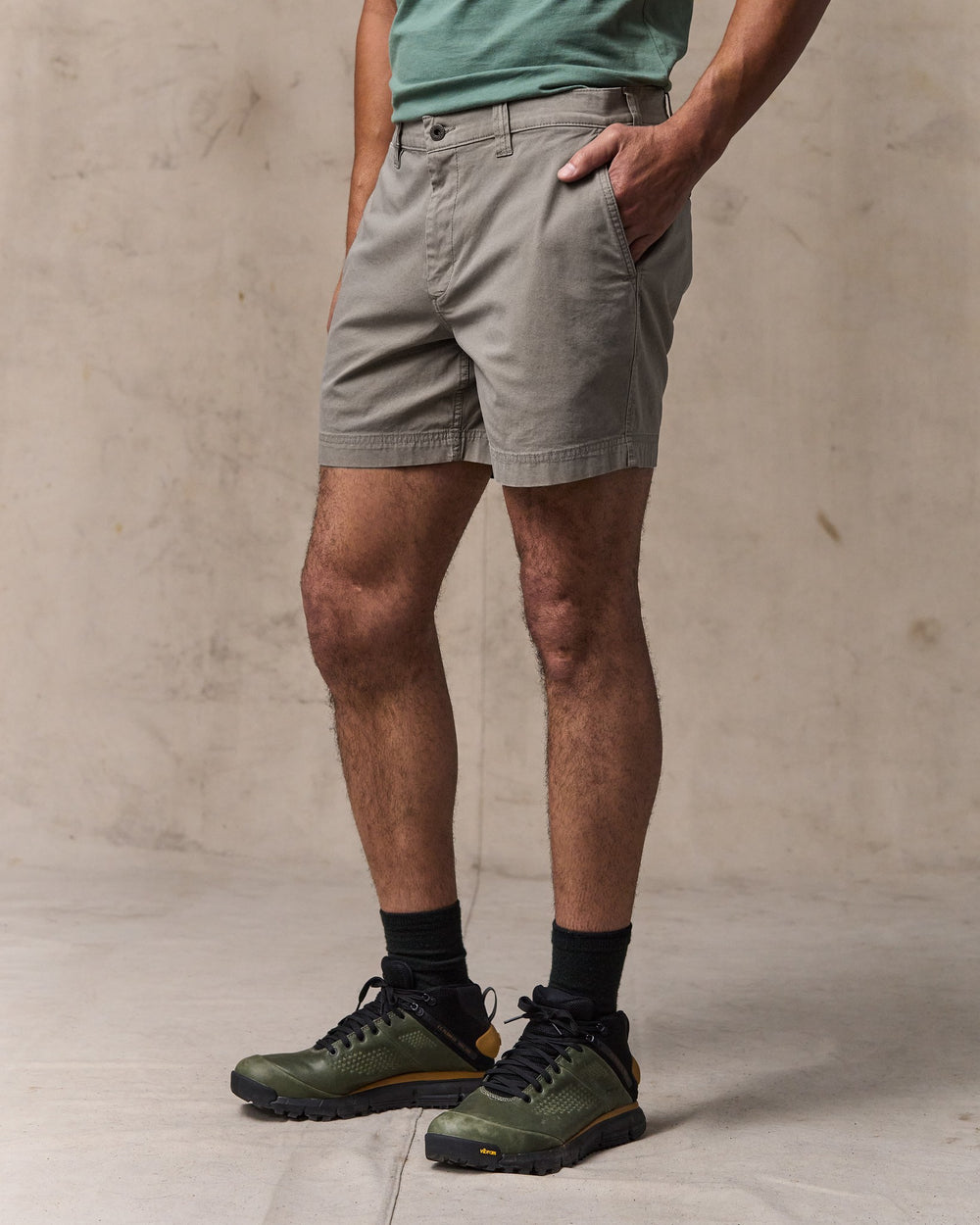 image of a model wearing Filson's Granite Mountain 6" Shorts - Hawk Brown